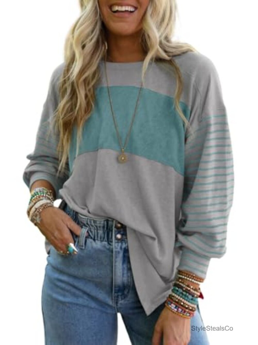 Dokotoo Oversized Color Block Long Sleeve Tunic Top Round Neck Casual Blouse